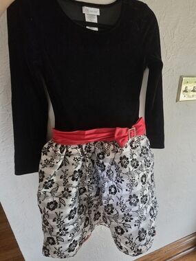 Bonnie Jean Black Velvet Top with White Floral Skirt and Red Sash